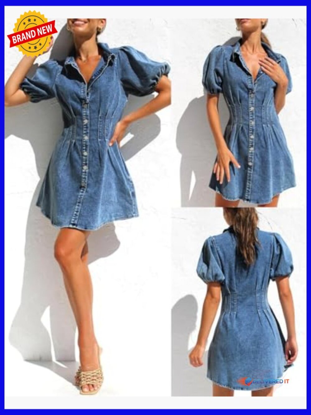 Puff Sleeve Slim Fit Jean Dress for Women Mini Casual Summer - Picture 5 of 7